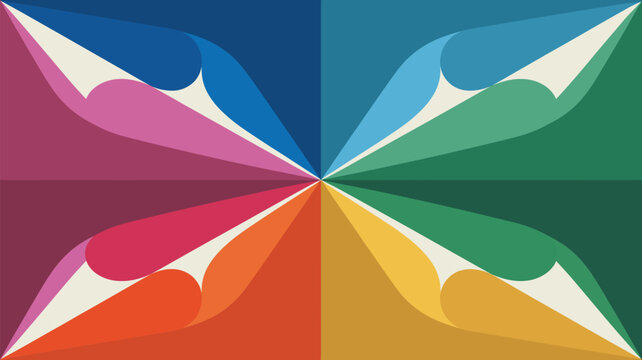 Abstract colorful design featuring curved shapes radiating from a central point in symmetrical pattern