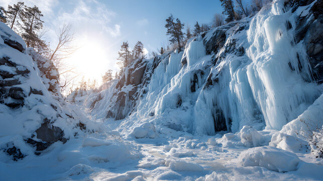 Frozen waterfall landscape under morning sun, dynamic light refraction, natural wonder winter wallpaper scene