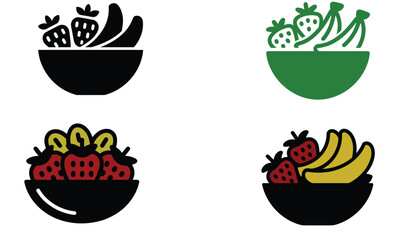 Colorful fruit bowl icon set with strawberries and bananas on white background  
