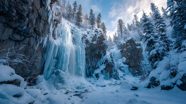 Frozen waterfall with glowing ice formations, HDR exposure and cool palette, majestic natural beauty - Powered by Adobe
