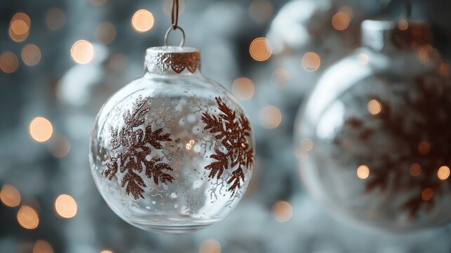 Glass Christmas ornament with glitter snowflakes and warm bokeh lights.