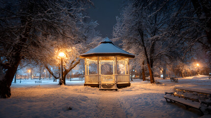 Gazebo in snowy park illuminated by lights, HDR night glow and peaceful winter charm