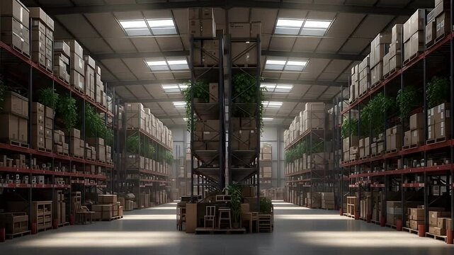 Spacious modern warehouse interior featuring tall shelving units filled with cardboard boxes and abundant green plants integrated into the storage design illuminated by natural light from skylights