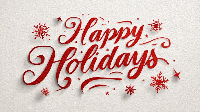 Elegant red 'Happy Holidays' script with festive snowflakes on textured white background