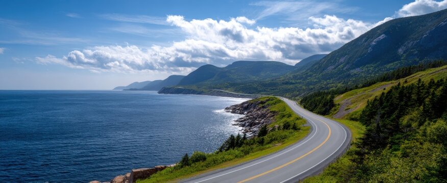 The winding coastal road meanders beside the vast ocean beneath a brilliant sunny sky - Powered by Adobe