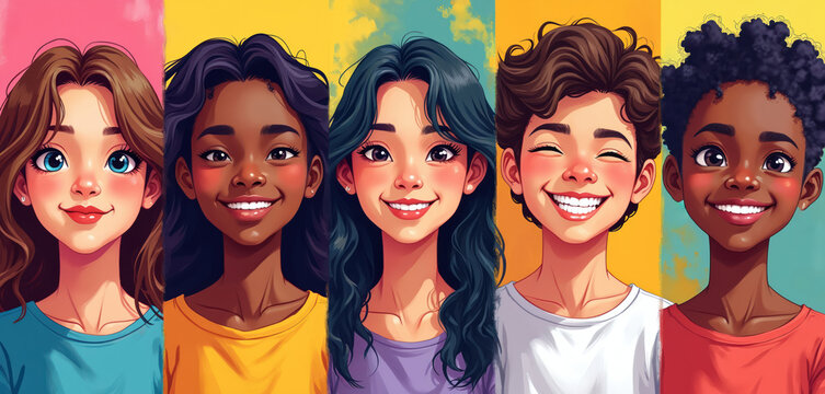 Diverse group of young people illustration. Cartoon portraits of smiling teens from various ethnic backgrounds symbolize global youth culture. Colorful backdrop with vibrant colors suits for modern