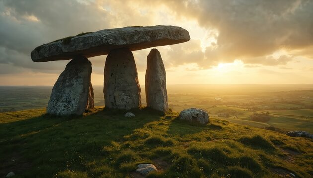 Megalithic dolmen structure on grassy hill at sunset. Ancient stone monument stands against warm golden sky with clouds. Rural landscape stretches below.