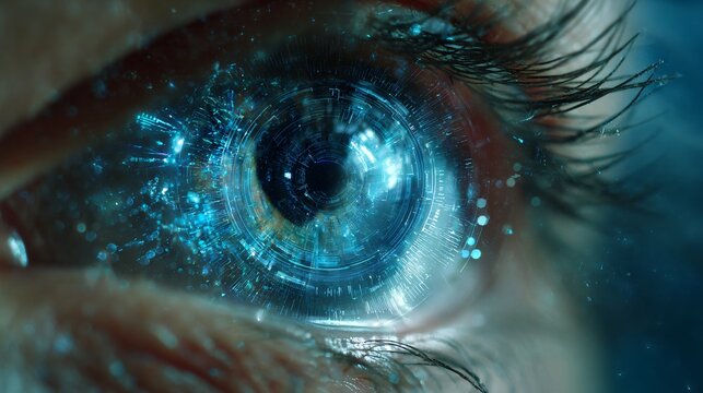 Futuristic digital eye with glowing circuits and data streams symbolizing advanced technology vision