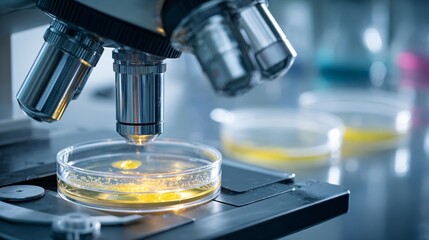 Scientific discovery unfolds with microscopic examination of petri dish cultures in a modern lab