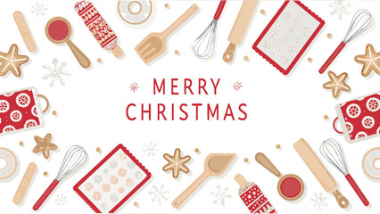 Festive christmas baking scene with gingerbread cookies mugs and kitchen utensils celebrating the holiday season