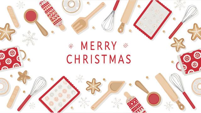 Festive christmas baking scene with gingerbread cookies mugs and kitchen utensils celebrating the holiday season