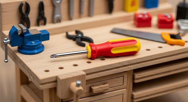 Close-up perspective of a meticulously arranged miniature workbench tools