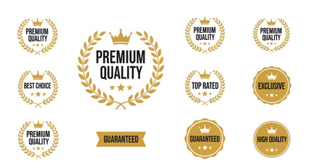 Collection of golden premium quality badges, emblems, and labels with crowns and laurel wreaths.