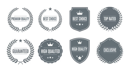 A collection of eight circular and shield-shaped badges and emblems indicating quality, choice, and exclusivity.
