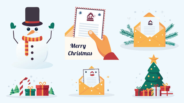 Whimsical christmas scene featuring a happy snowman festive gifts a decorated tree and holiday mail with merry christmas greetings