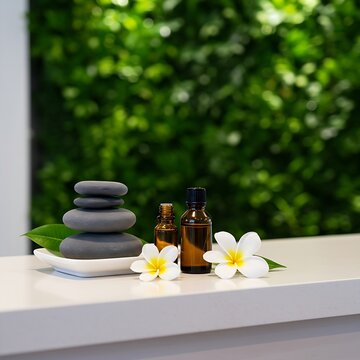 A spa welcome desk or reception area. On the clean, minimalist counter, a small white tray holds two stacks of dark grey hot stones, an amber glass bottle of essential oil, and a delicate white plumer