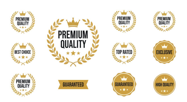 Collection of golden premium quality badges, emblems, and labels with crowns and laurel wreaths.