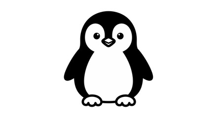 Obraz premium Charming black and white illustration of a cute cartoon penguin, ideal for playful designs, educational resources, or children's book projects, offering a friendly and simple visual