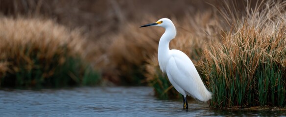 Snowy egret wading in shallow water beside tall grassy plants
