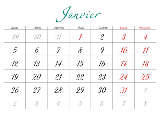 Minimalist French 2026 calendar with months and dates, clean typography design, white background