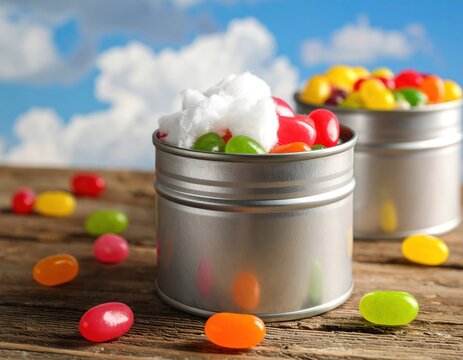 Assorted colorful candies overflow from silver containers, on wood