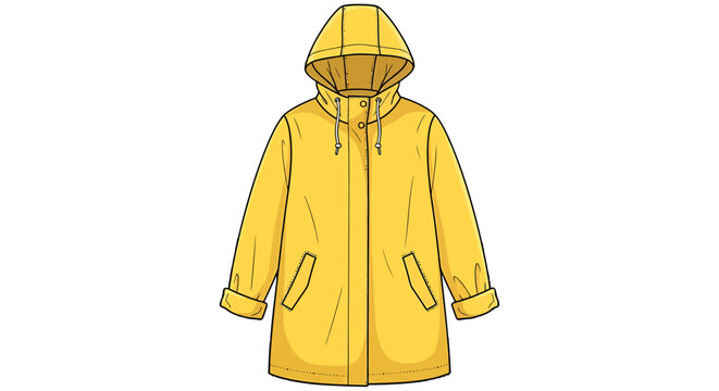 Cheerful yellow hooded raincoat illustration for wet weather. This waterproof jacket offers stylish and practical protection, ideal for outdoor activities on rainy days