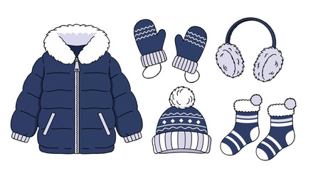 Collection of cozy blue winter clothing and accessories including a puffer jacket, knit hat, mittens, socks, and earmuffs
