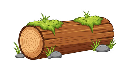 Vector illustration of a rustic wooden log covered in green moss, surrounded by small stones. An isolated cartoon element for forest or nature-themed designs