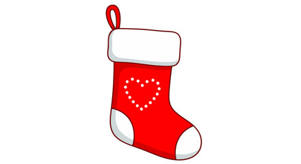Cute red Christmas stocking with a white heart design, isolated on a white background. Festive holiday cartoon illustration for decoration