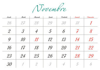 Minimalist French 2026 calendar with months and dates, clean typography design, white background