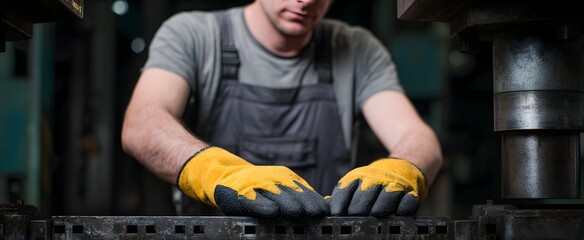 Metalworker uses industrial press while wearing protective gloves for safety.