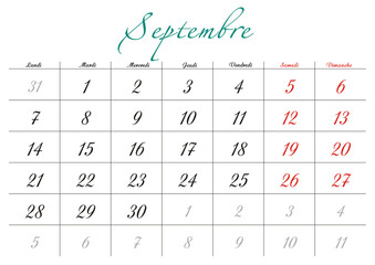 Minimalist French 2026 calendar with months and dates, clean typography design, white background