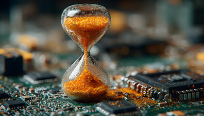 Hourglass with orange sand sits on computer circuit board. Represents time flow in modern technology world. Deadline, time pressure. Tech progress, microchips, digital components in hi tech industry.
