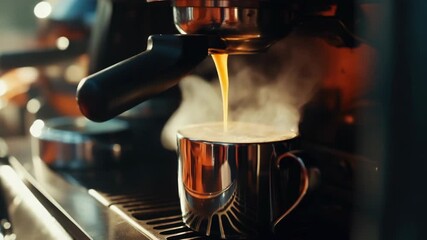A cup of espresso being filled with hot coffee from a barista machine - Powered by Adobe