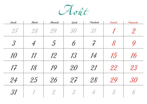 Minimalist French 2026 calendar with months and dates, clean typography design, white background