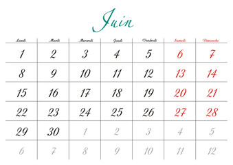 Minimalist French 2026 calendar with months and dates, clean typography design, white background