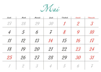 Minimalist French 2026 calendar with months and dates, clean typography design, white background