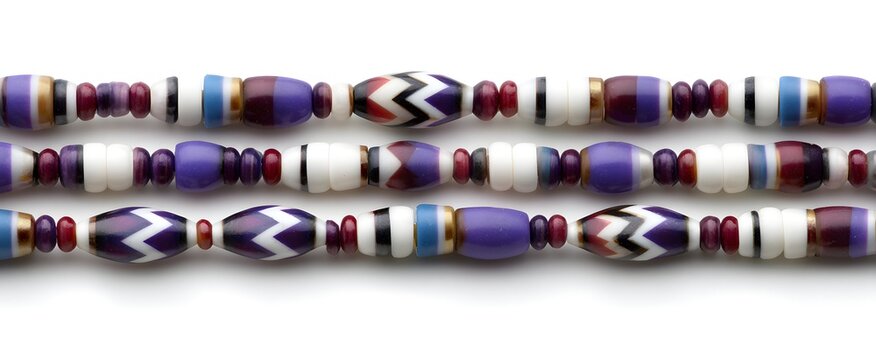 Classic Native American wampum beads laid out in designs on a plain white backdrop