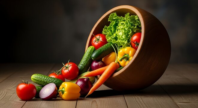 Vibrant still life of fresh produce spilling from wooden bowl imagery