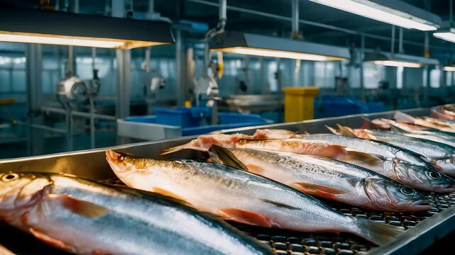 Freshly caught fish arranged on automated conveyor belt inside modern seafood processing plant with stainless steel equipment and cold lighting