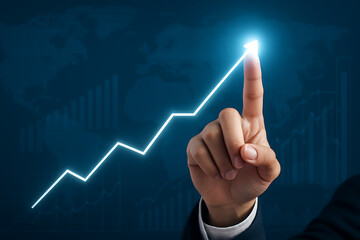Hand pointing up along a sharp white glowing line graph with an arrow representing rapid business growth financial success investment profit increase and reaching a high market value