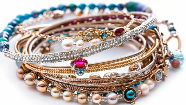 A collection of colorful bracelets with various materials including gold, silver, pearls, and gemstones.