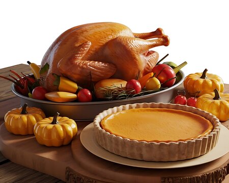 Thanksgiving holiday feast with roasted turkey and pumpkin pie