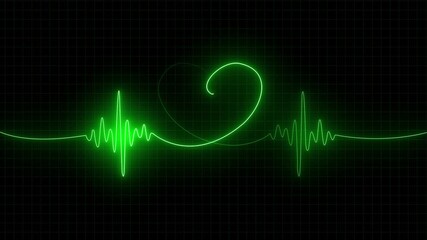 Abstract glowing neon Cardiogram in heart shape heartbeat heat pulse glowing red neon light loop animated background. 4k animation.