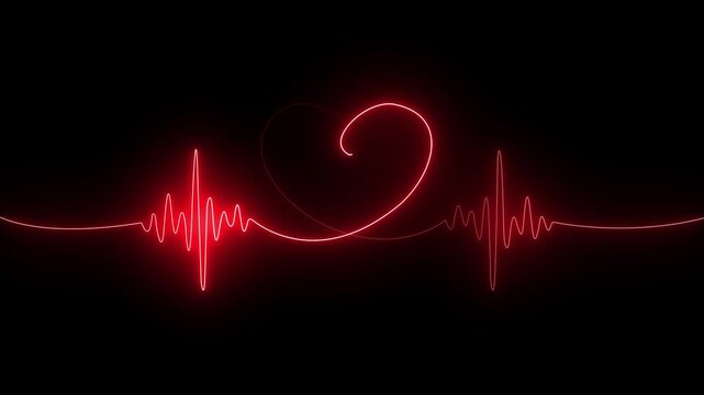 Abstract glowing neon Cardiogram in heart shape heartbeat heat pulse glowing red neon light loop animated background. 4k animation.