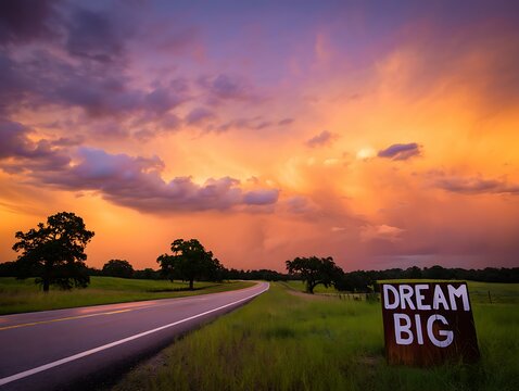 Inspirational Dream Big sign in rural landscape at colorful sunset sky