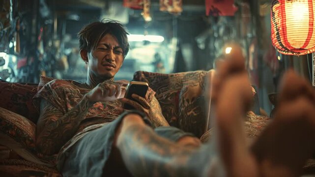 闇バイトのトラブルか、スマホの通知を見てストレスを感じる半グレの男
