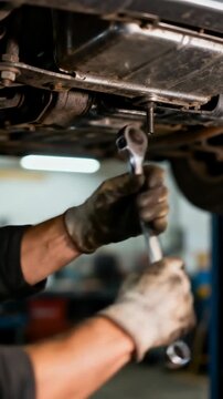 Macro Stop Motion Close-Up of Mechanic Hands Using Ratchet Wrench Under Car