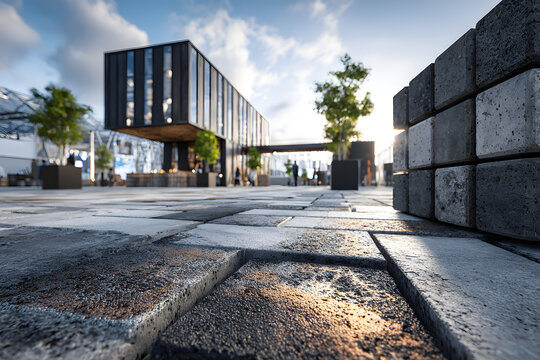 Innovative modular concrete blocks and pavers showcased at a construction exhibition, highlighting modern building materials and permeable design for urban infrastructure development.