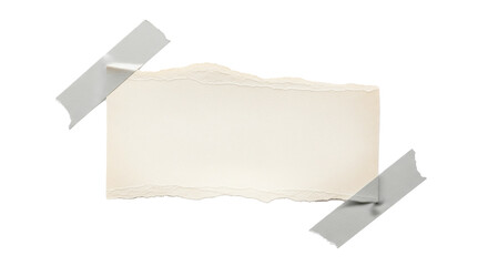 A torn piece of light colored paper with rough edges is taped to a surface with two pieces of white tape isolated on transparent background